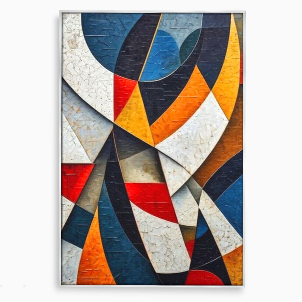 Tablou canvas cu pictura abstracta cu forme geometrice, in rama de aluminiu argintiu