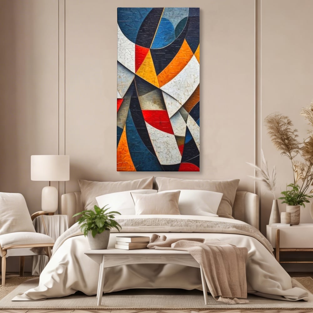 Tablou canvas cu pictura abstracta cu forme geometrice, fara rama, pe sasiu de lemn, pe perete intr-un dormitor