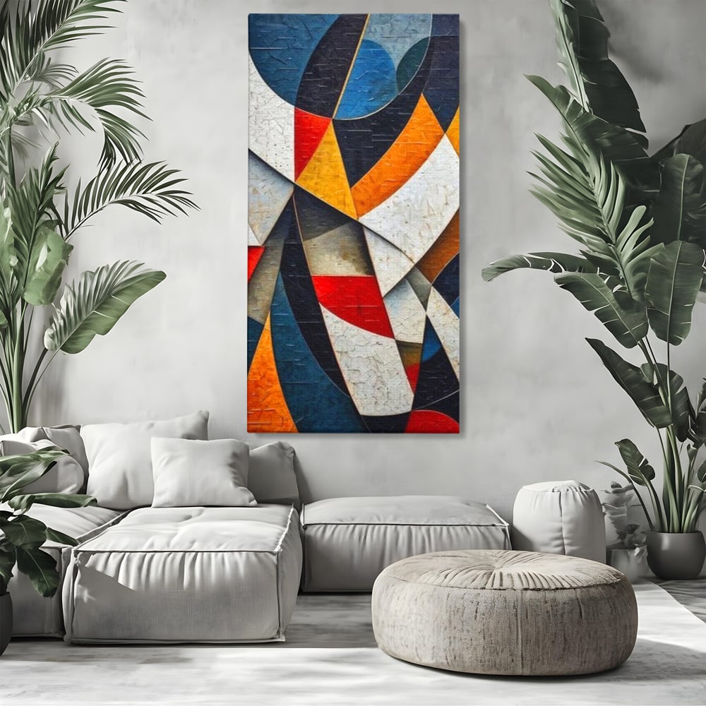 Tablou canvas cu pictura abstracta cu forme geometrice, fara rama, pe sasiu de lemn, pe perete intr-un living
