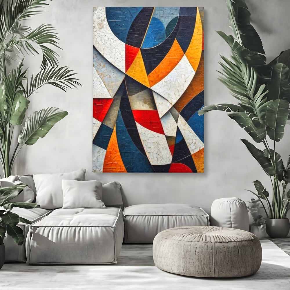 Tablou canvas cu pictura abstracta cu forme geometrice, fara rama, pe sasiu de lemn, pe perete intr-un living