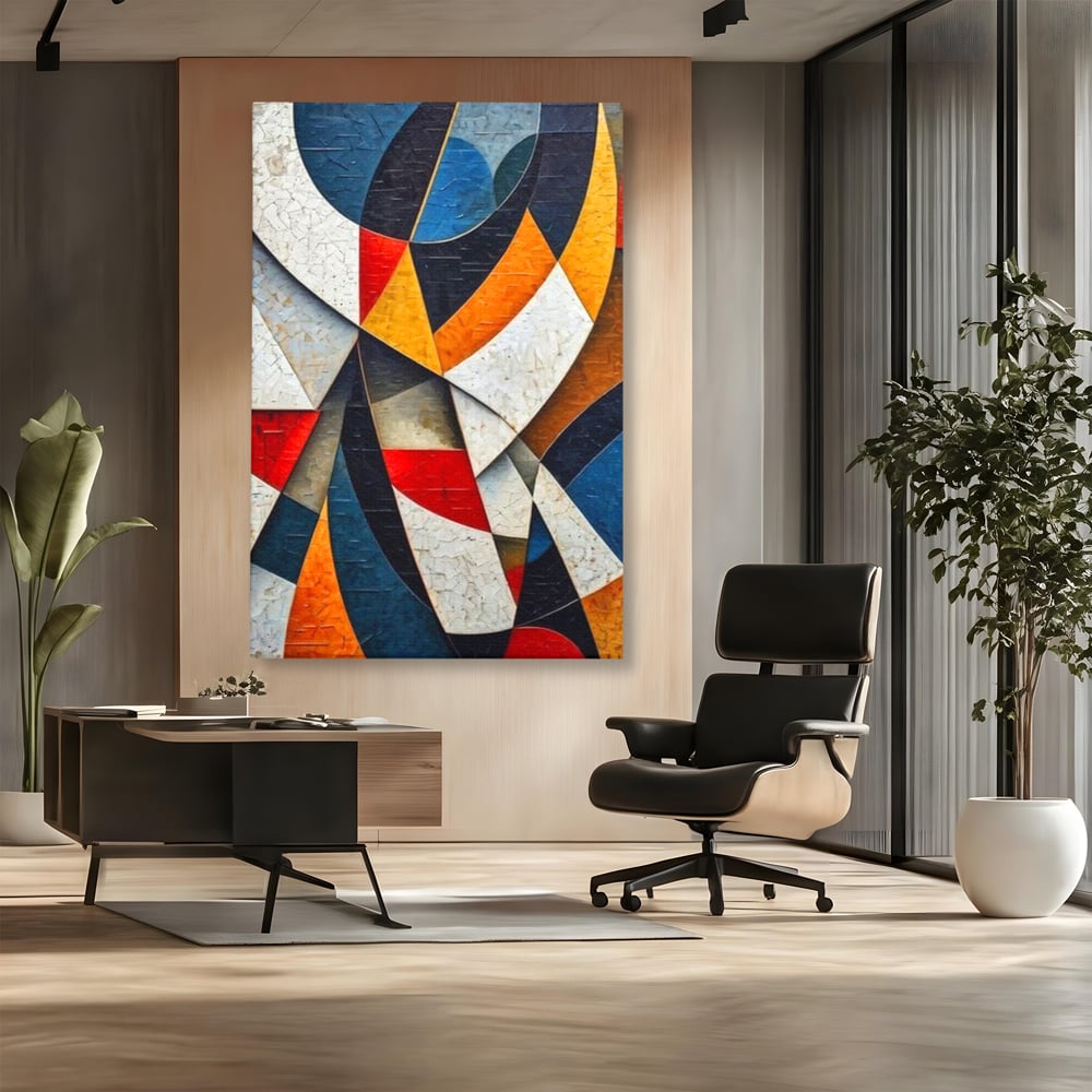 Tablou canvas cu pictura abstracta cu forme geometrice, fara rama, pe sasiu de lemn, pe perete intr-un birou