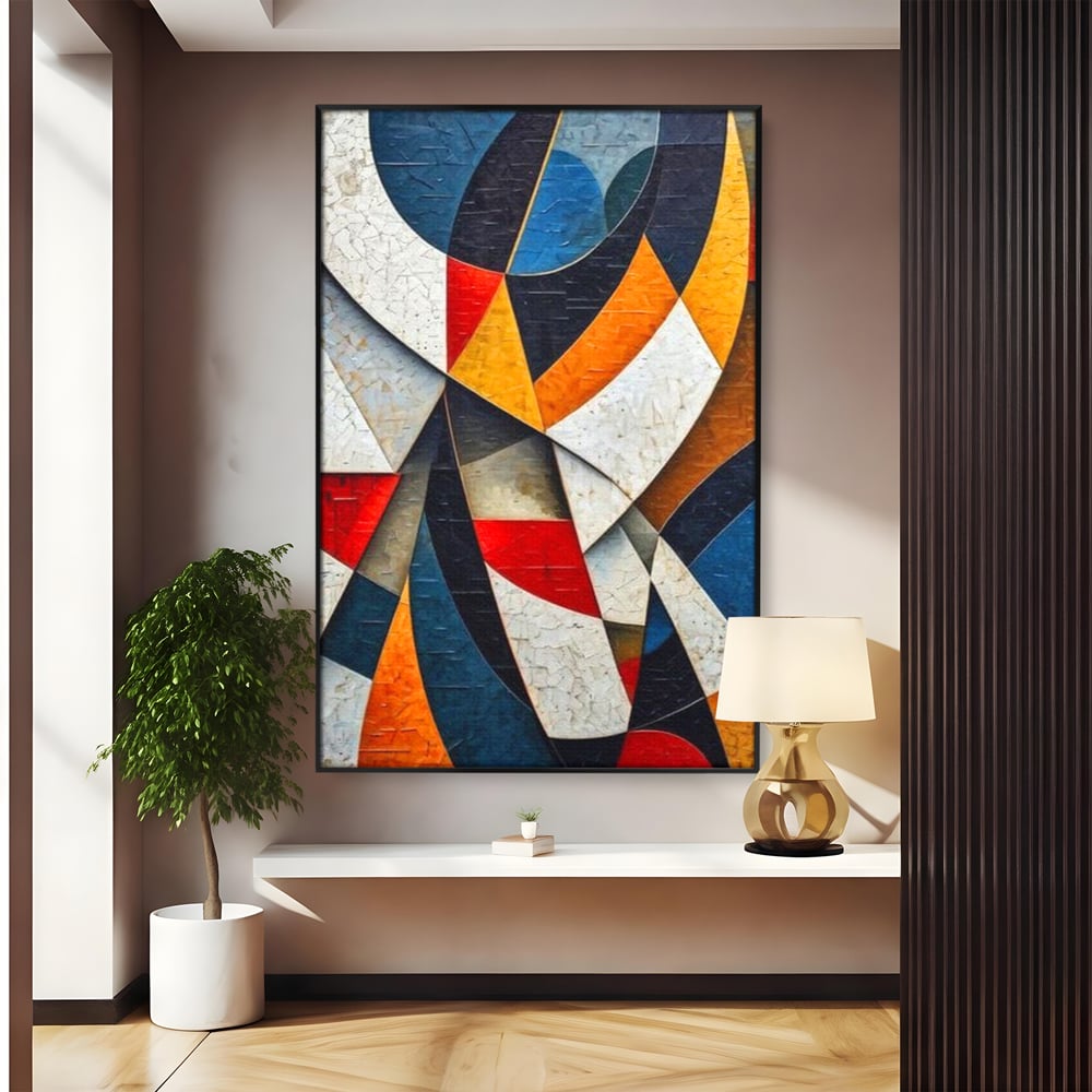 Tablou canvas cu pictura abstracta cu forme geometrice, in rama de aluminiu negru