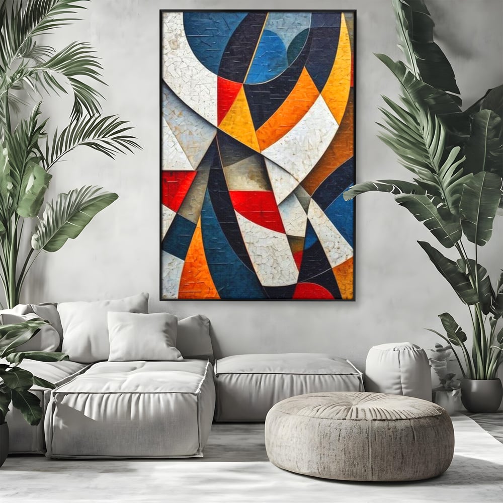 Tablou canvas cu pictura abstracta cu forme geometrice, in rama de aluminiu negru, pe perete intr-un living