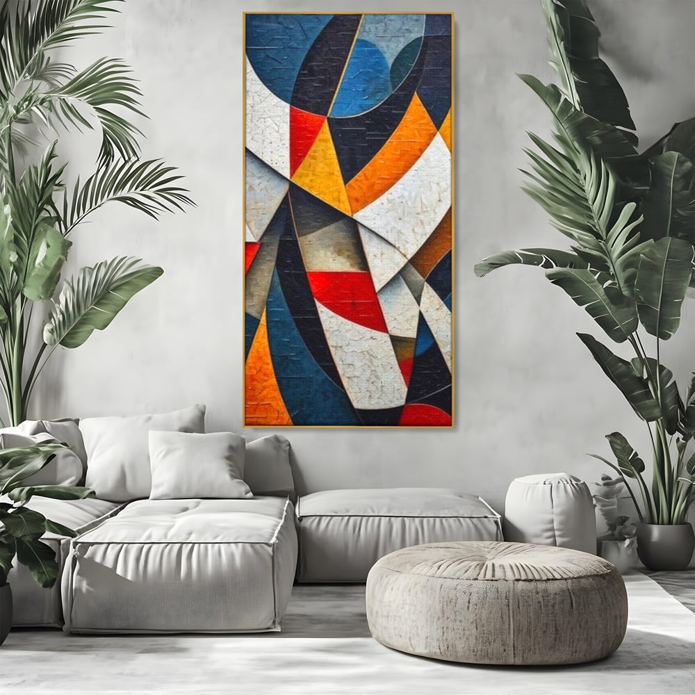 Tablou canvas cu pictura abstracta cu forme geometrice, in rama de aluminiu auriu, pe perete intr-un living