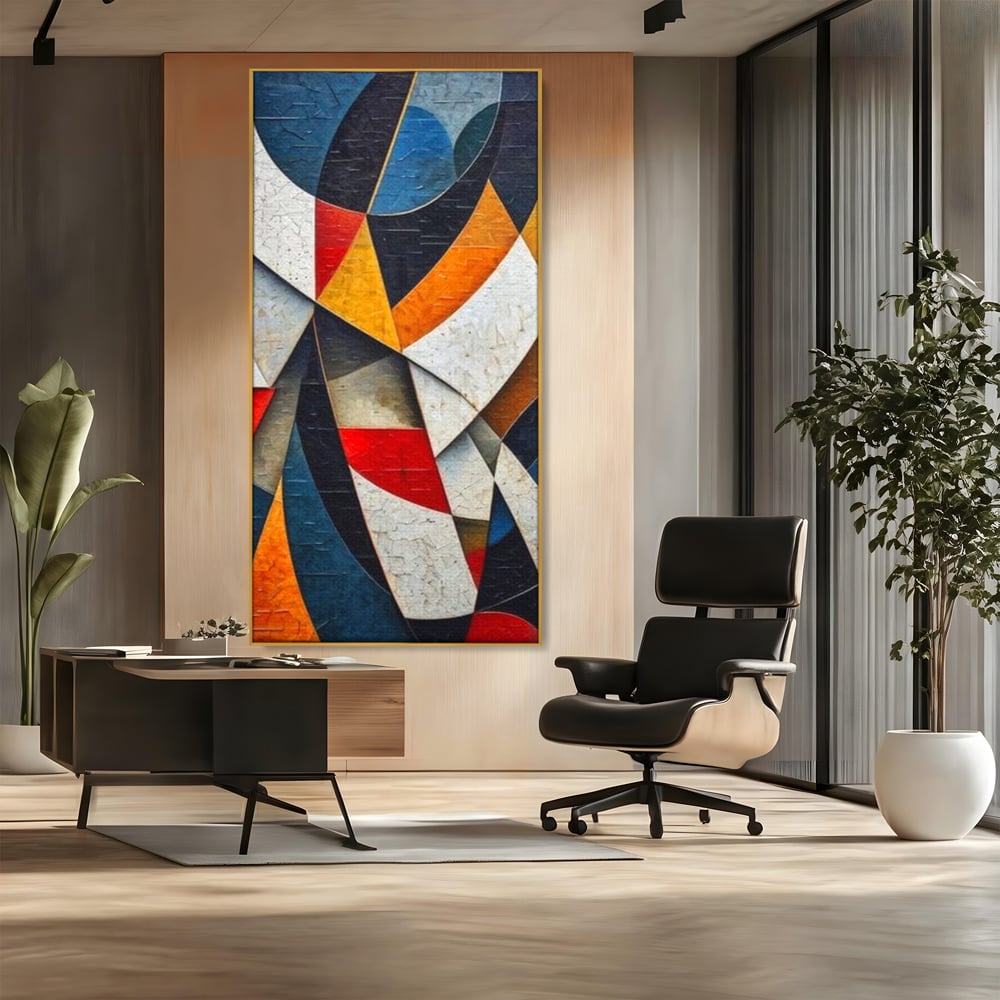 Tablou canvas cu pictura abstracta cu forme geometrice, in rama de aluminiu auriu, pe perete intr-un birou