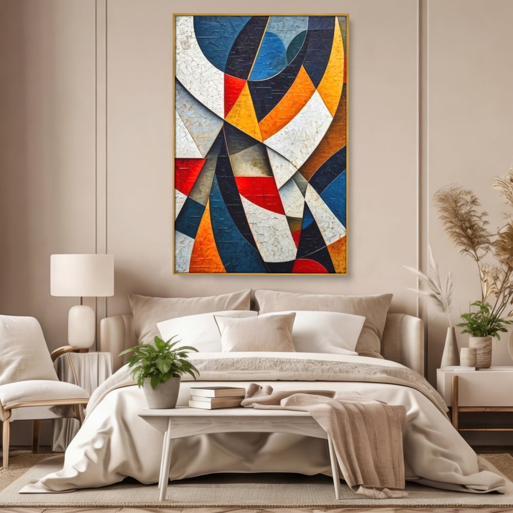 Tablou canvas cu pictura abstracta cu forme geometrice, in rama de aluminiu auriu, pe perete intr-un dormitor