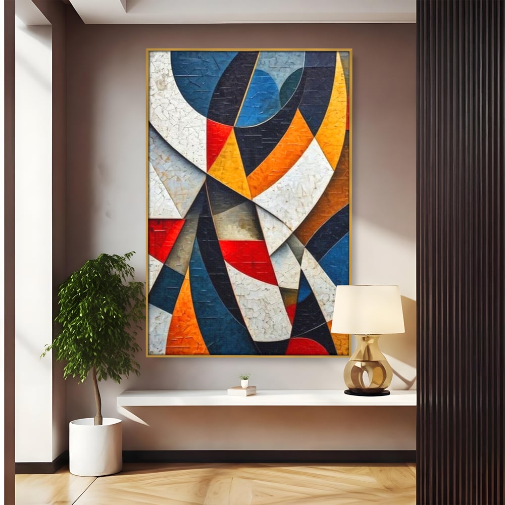 Tablou canvas cu pictura abstracta cu forme geometrice, in rama de aluminiu auriu