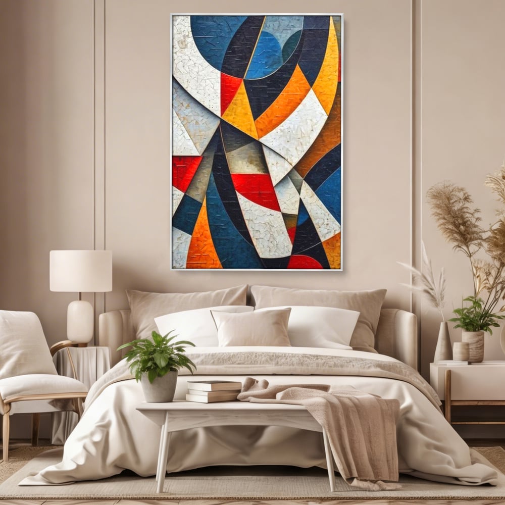 Tablou canvas cu pictura abstracta cu forme geometrice, in rama de aluminiu argintiu, pe perete intr-un dormitor