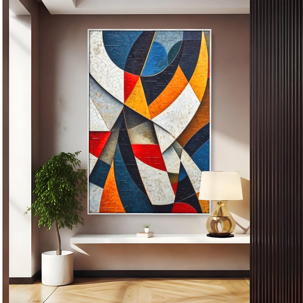 Tablou canvas cu pictura abstracta cu forme geometrice, in rama de aluminiu argintiu