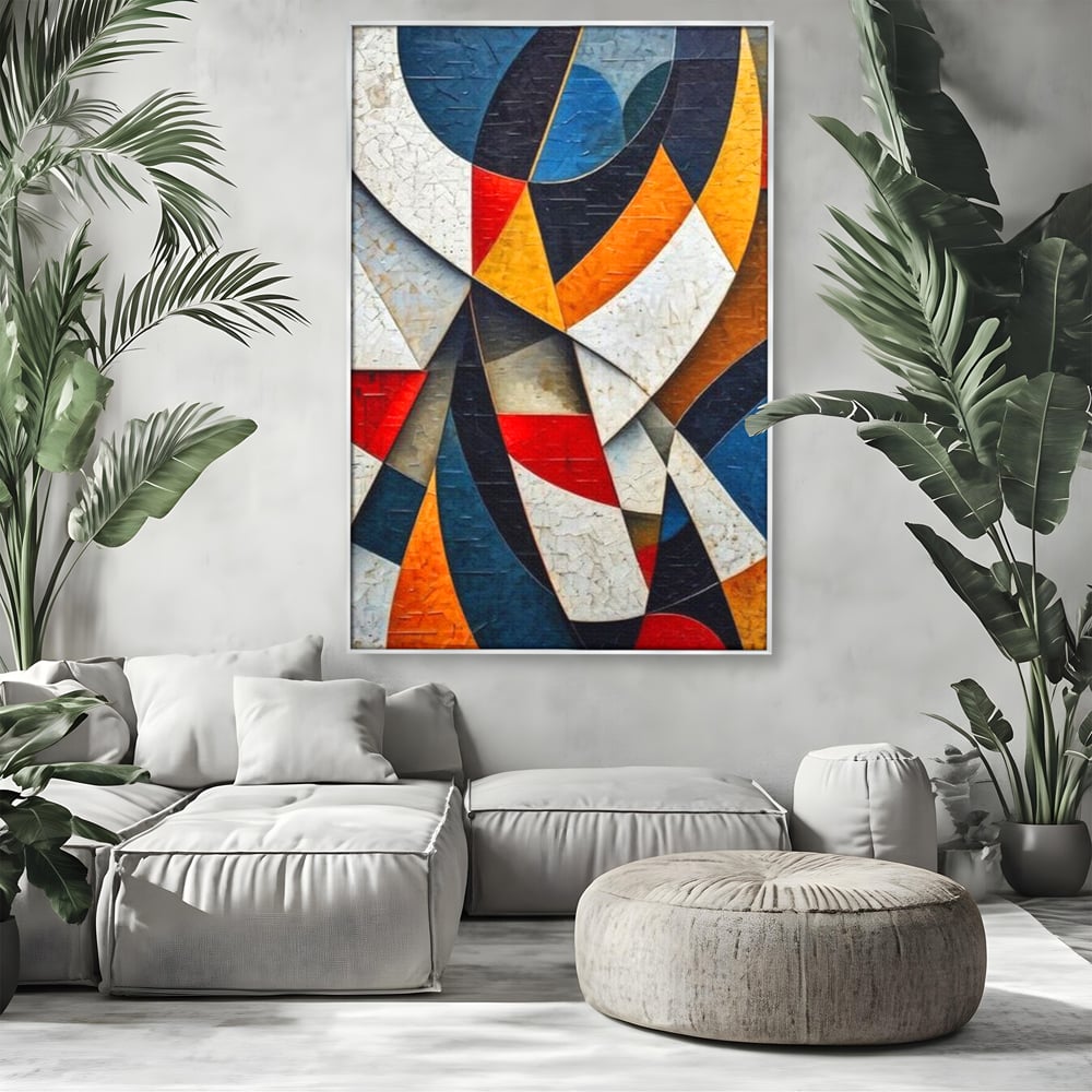 Tablou canvas cu pictura abstracta cu forme geometrice, in rama de aluminiu argintiu, pe perete intr-un living