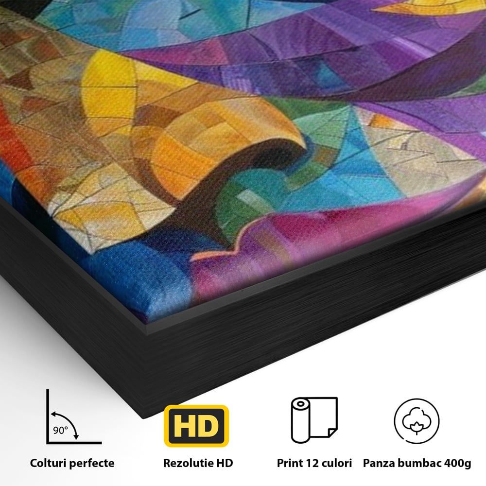 Detaliu al suprafetei: tablou canvas cu chip de femeie in mozaic, in rama de aluminiu negru