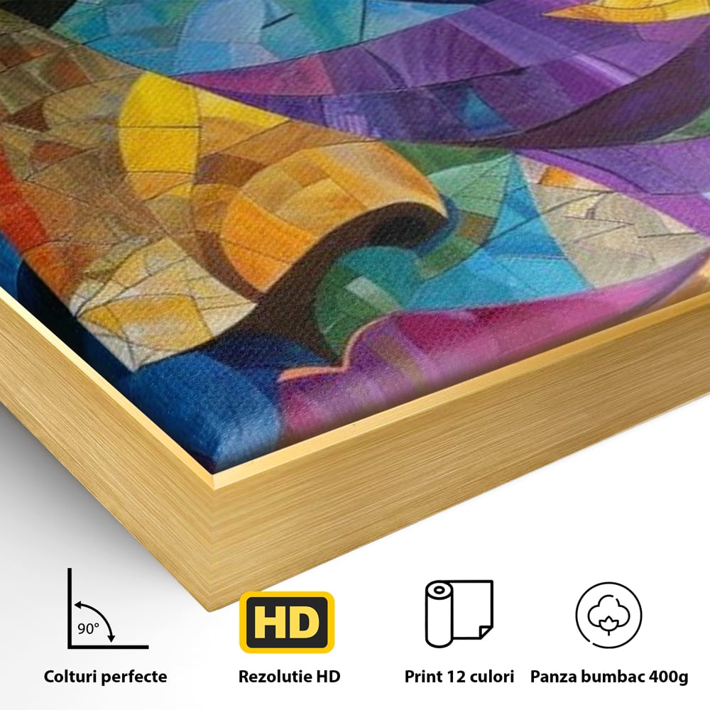 Detaliu al suprafetei: tablou canvas cu chip de femeie in mozaic, in rama de aluminiu auriu