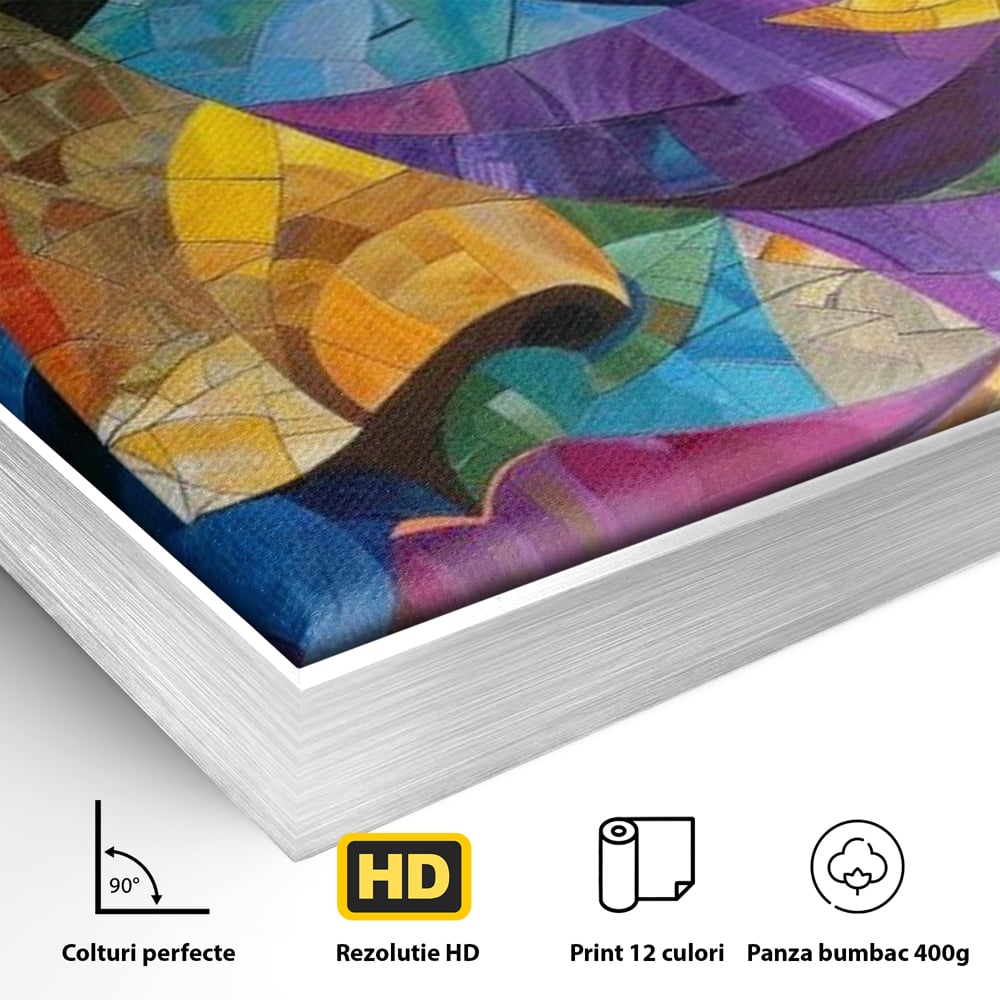 Detaliu al suprafetei: tablou canvas cu chip de femeie in mozaic, in rama de aluminiu argintiu