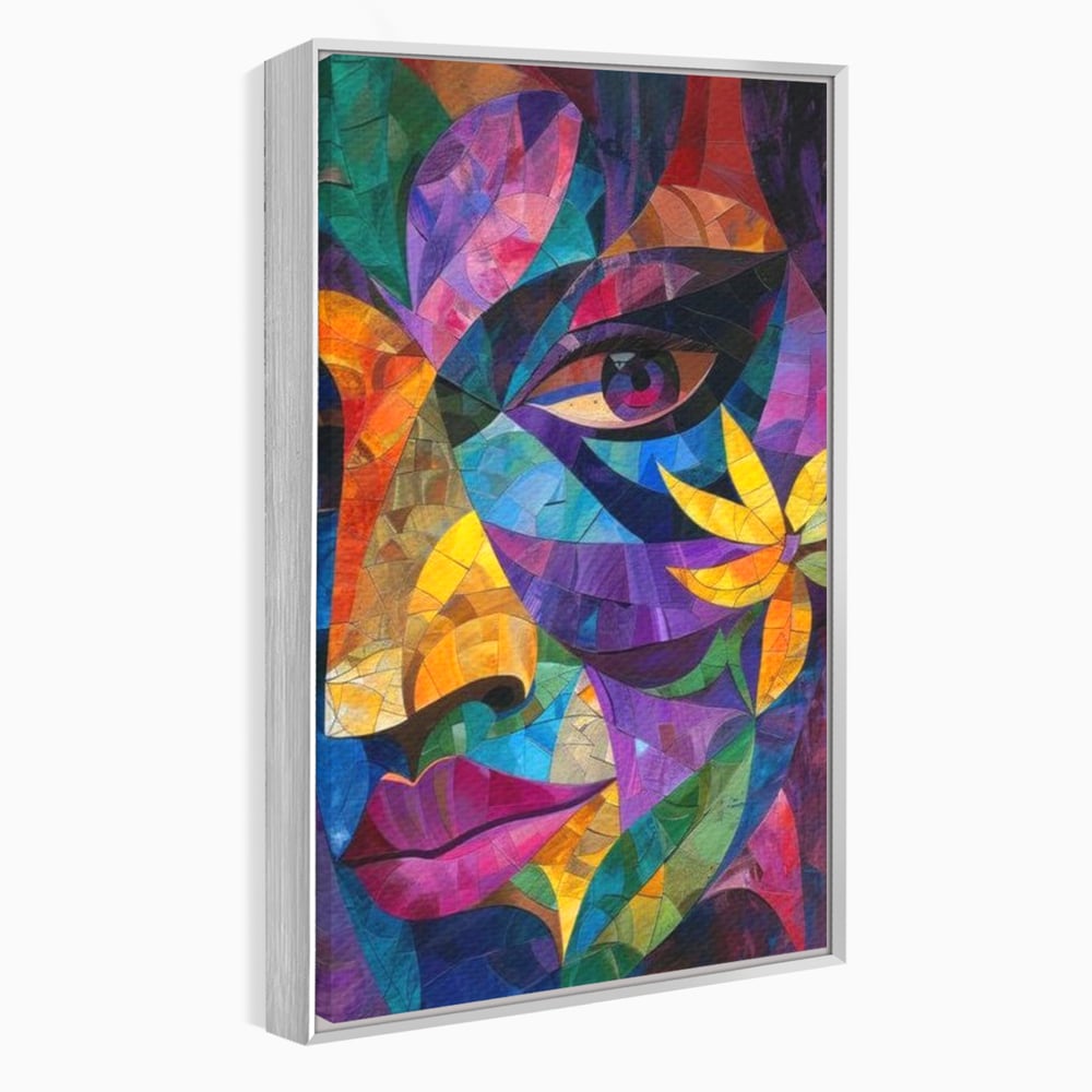 Tablou canvas cu tablou canvas cu chip de femeie in mozaic, in rama de aluminiu argintiu