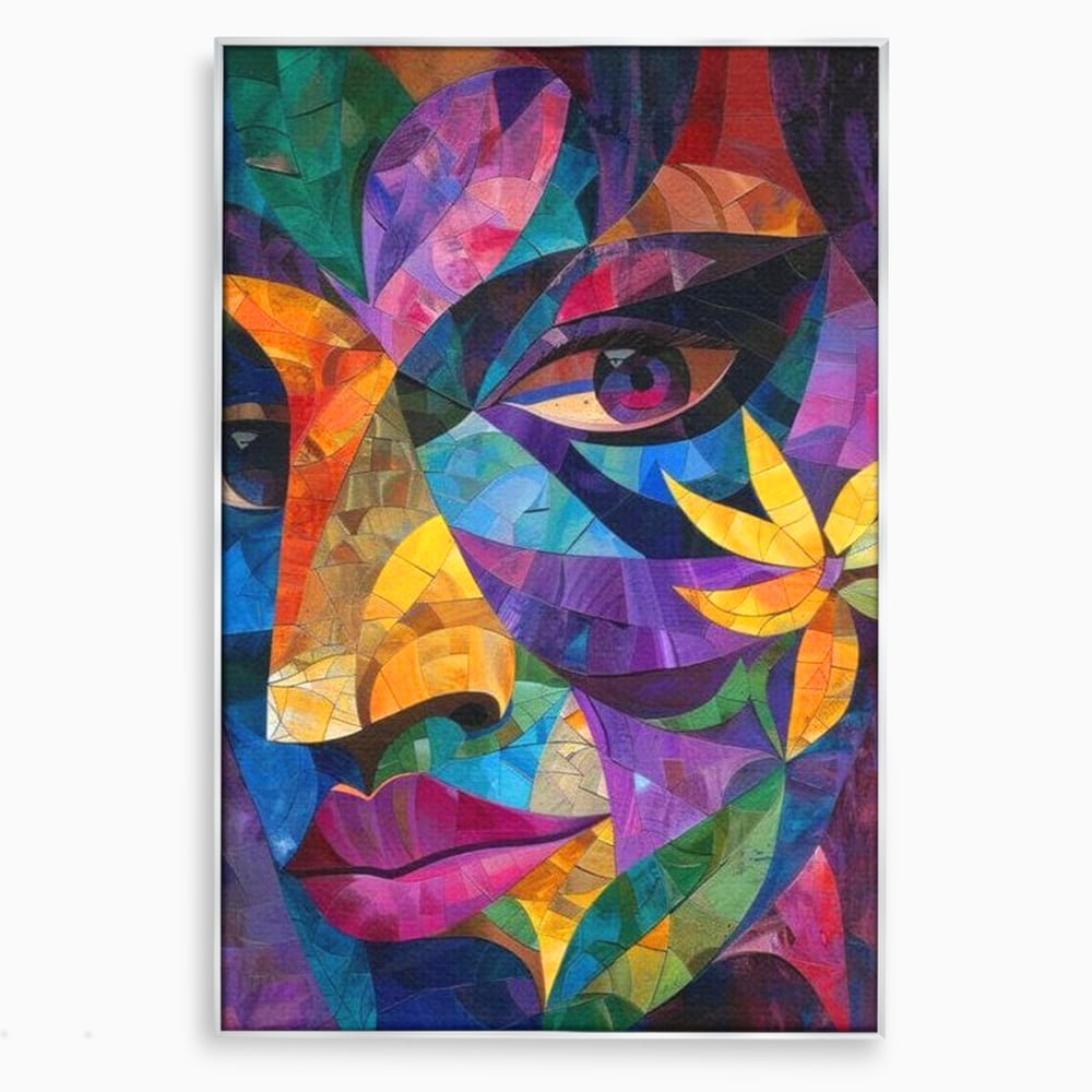 Tablou canvas cu tablou canvas cu chip de femeie in mozaic, in rama de aluminiu argintiu