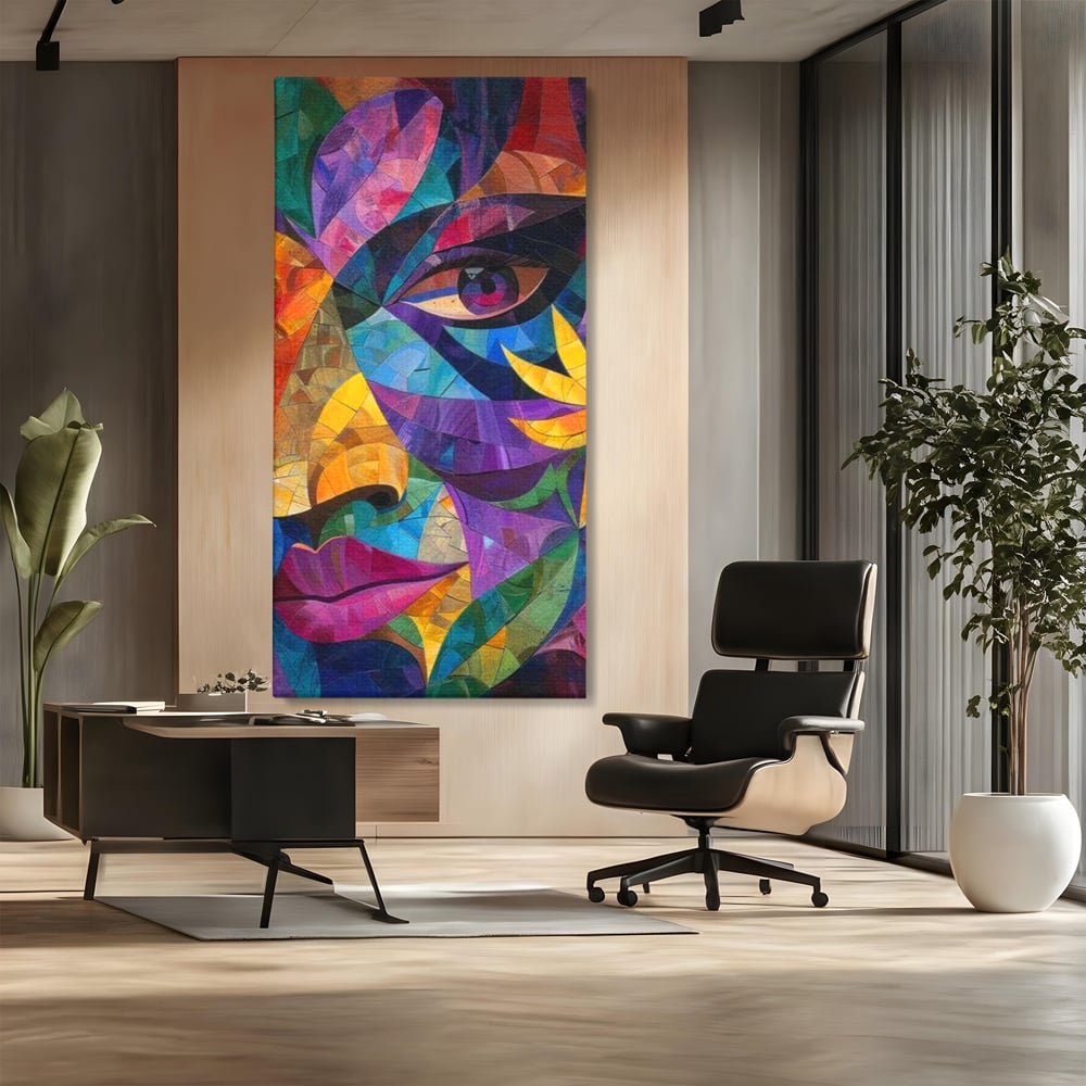 Tablou canvas cu tablou canvas cu chip de femeie in mozaic, fara rama, pe sasiu de lemn, pe perete intr-un birou