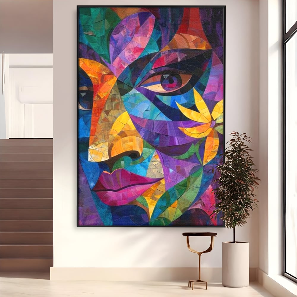 Tablou canvas cu tablou canvas cu chip de femeie in mozaic, in rama de aluminiu negru
