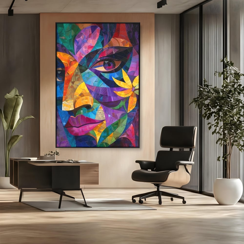 Tablou canvas cu tablou canvas cu chip de femeie in mozaic, in rama de aluminiu negru, pe perete intr-un birou