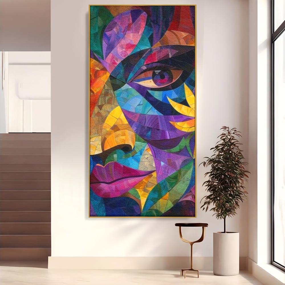 Tablou canvas cu tablou canvas cu chip de femeie in mozaic, in rama de aluminiu auriu