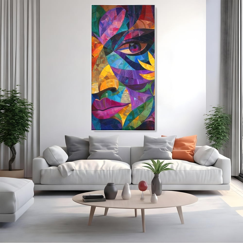 Tablou canvas cu tablou canvas cu chip de femeie in mozaic, in rama de aluminiu argintiu, pe perete intr-un living