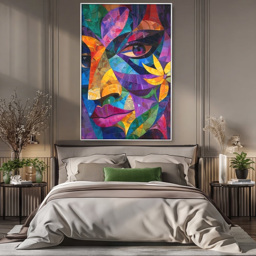Tablou canvas cu tablou canvas cu chip de femeie in mozaic, in rama de aluminiu argintiu, pe perete intr-un dormitor