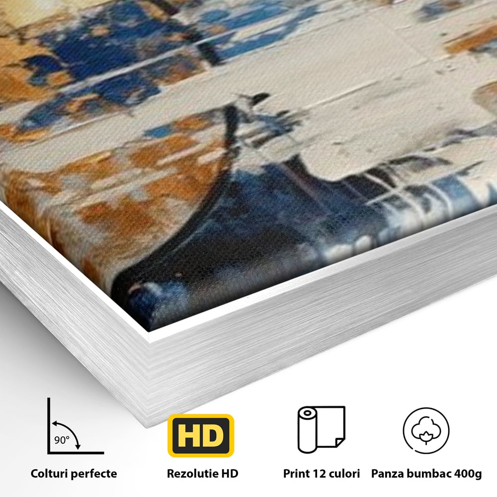 Detaliu al suprafetei: tablou abstract cu luna aurie, in rama de aluminiu argintiu