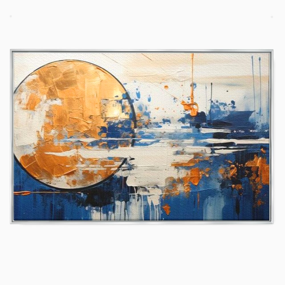 Tablou canvas cu tablou abstract cu luna aurie, in rama de aluminiu argintiu