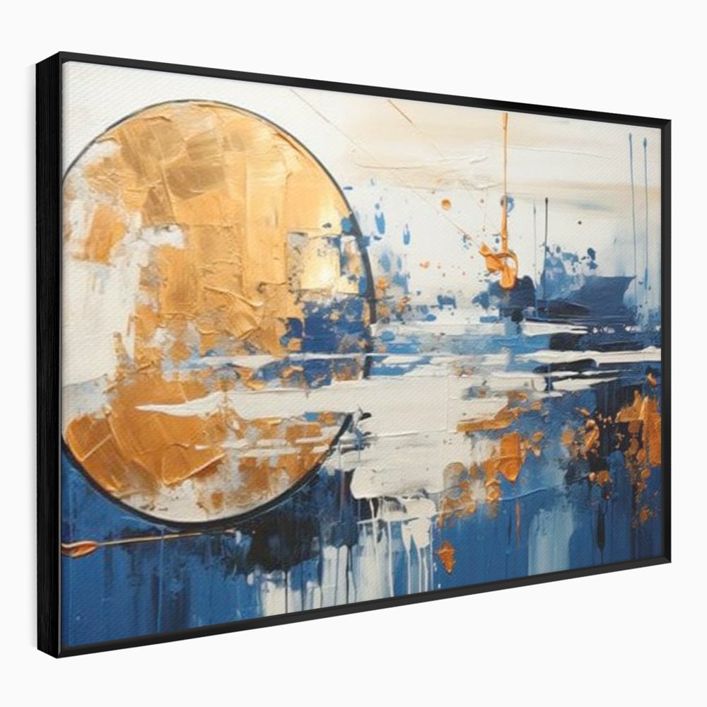 Tablou canvas cu tablou abstract cu luna aurie, in rama de aluminiu negru