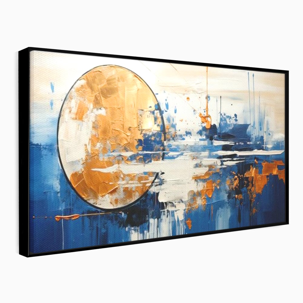 Tablou canvas cu tablou abstract cu luna aurie, in rama de aluminiu negru