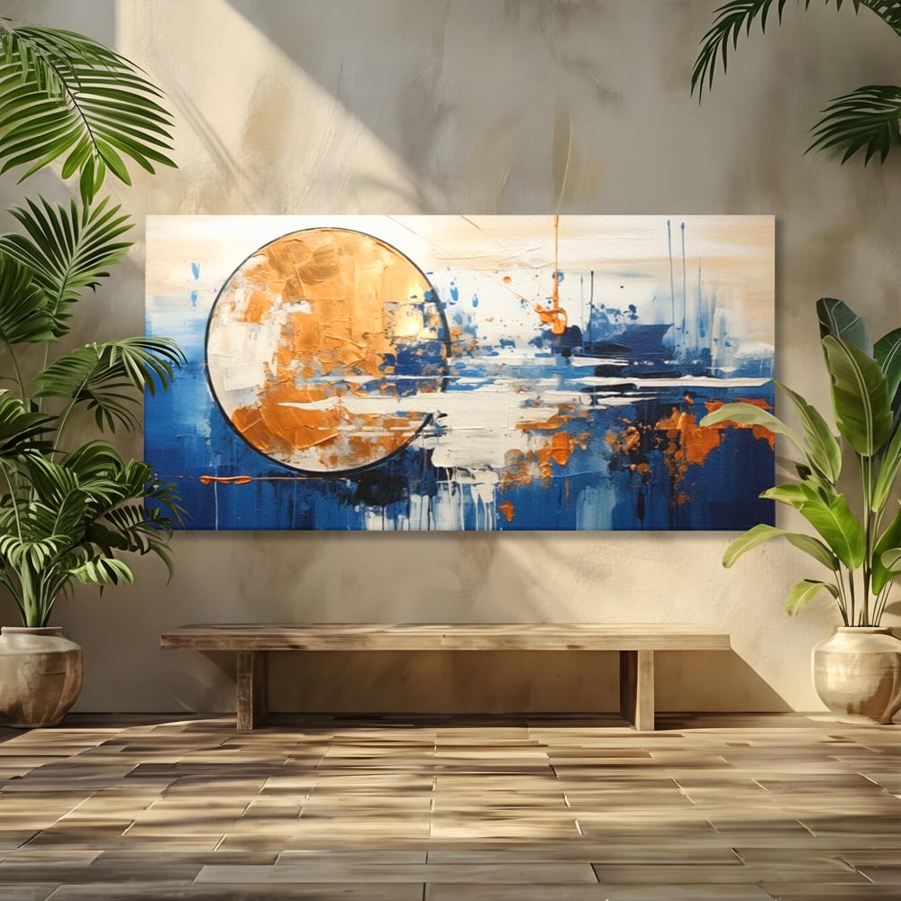 Tablou canvas cu tablou abstract cu luna aurie, fara rama, pe sasiu de lemn