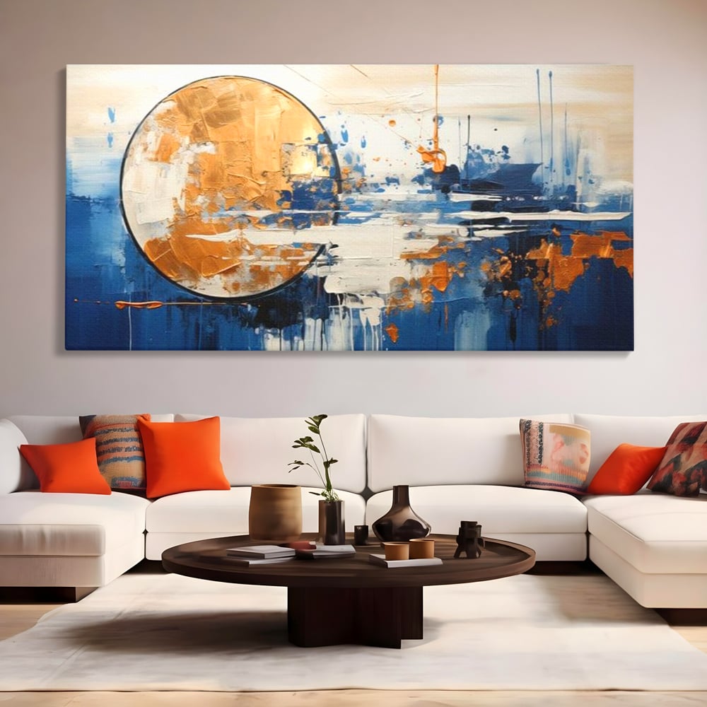 Tablou canvas cu tablou abstract cu luna aurie, fara rama, pe sasiu de lemn, pe perete intr-un living