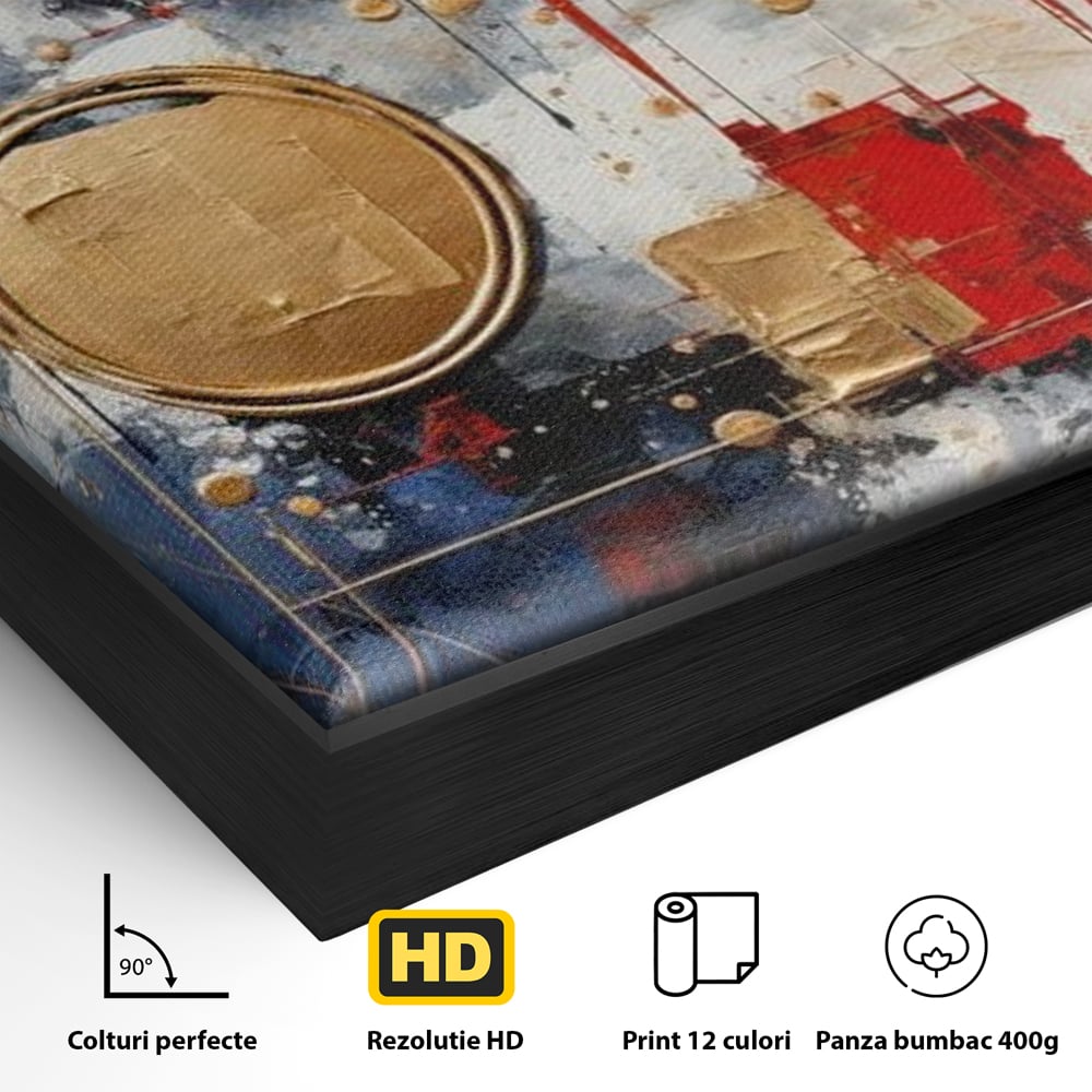 Detaliu al suprafetei: tablou abstract cu cercuri aurii, in rama de aluminiu negru