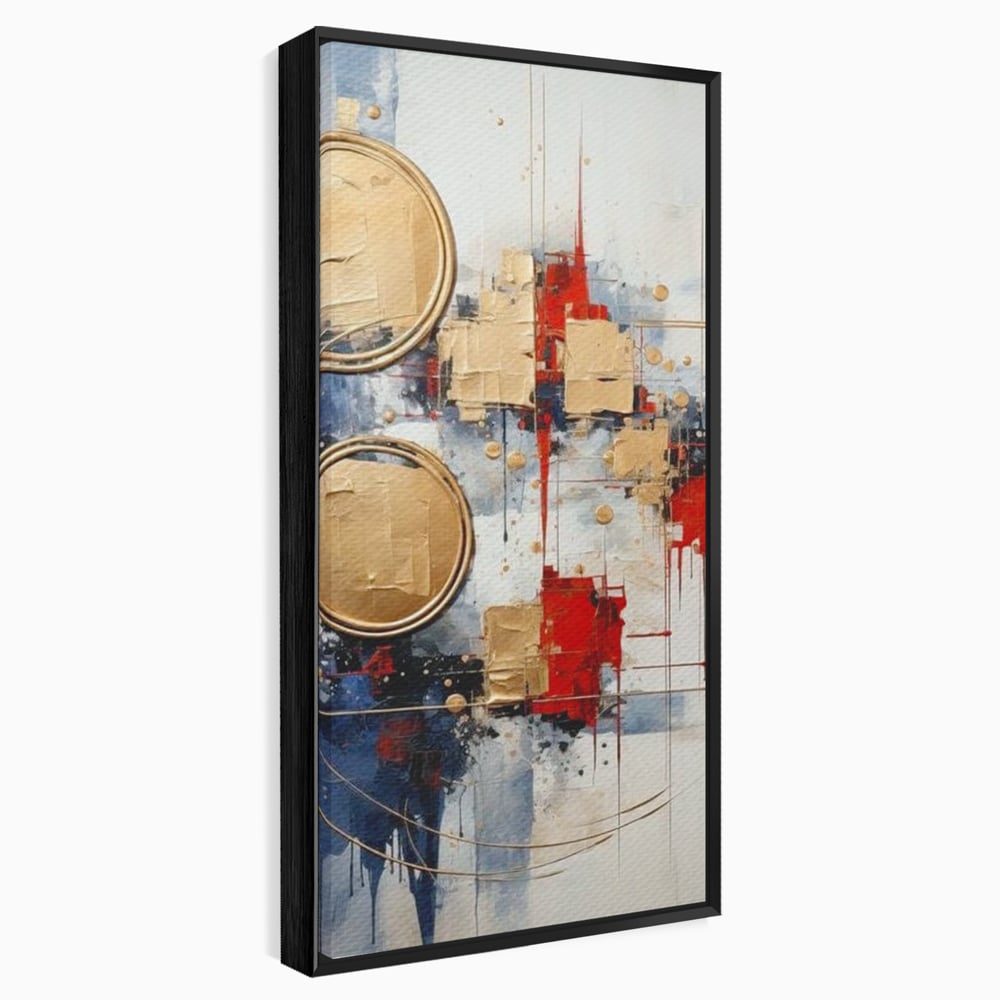 Tablou canvas cu tablou abstract cu cercuri aurii, in rama de aluminiu negru