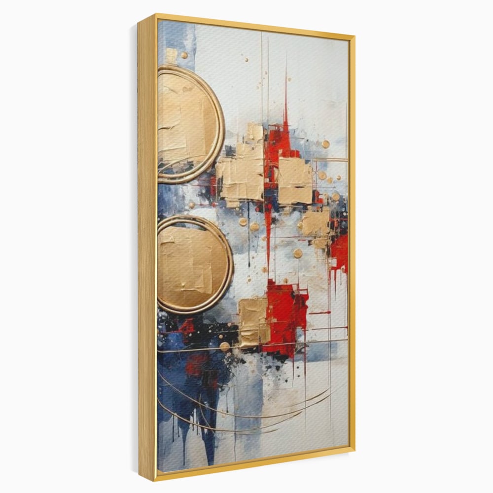 Tablou canvas cu tablou abstract cu cercuri aurii, in rama de aluminiu auriu