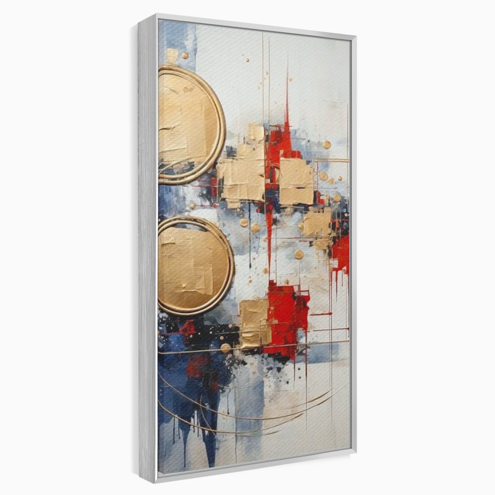 Tablou canvas cu tablou abstract cu cercuri aurii, in rama de aluminiu argintiu