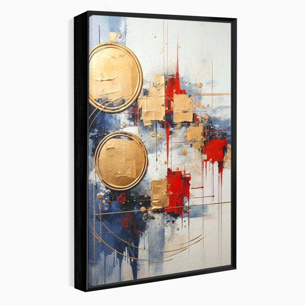 Tablou canvas cu tablou abstract cu cercuri aurii, in rama de aluminiu negru