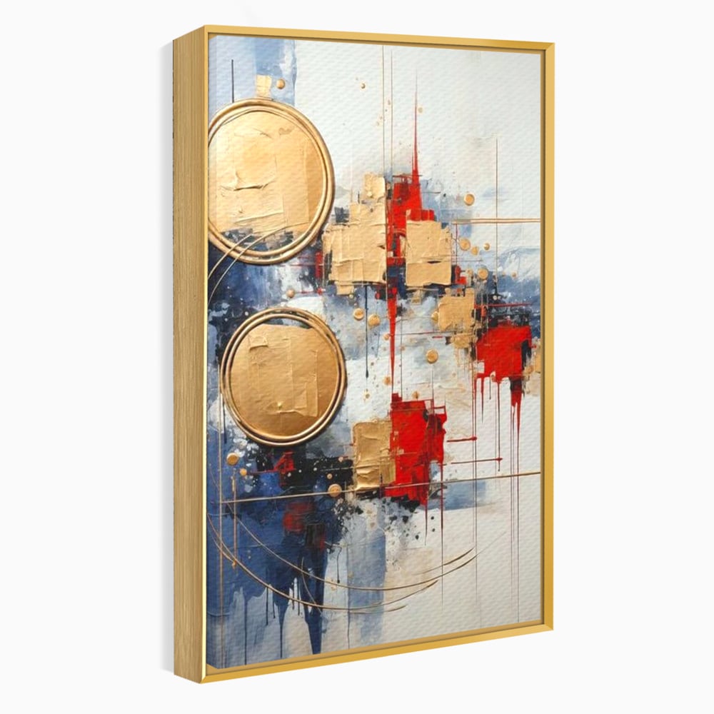 Tablou canvas cu tablou abstract cu cercuri aurii, in rama de aluminiu auriu