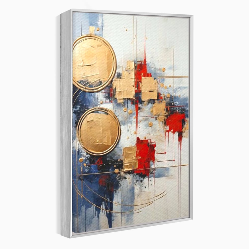 Tablou canvas cu tablou abstract cu cercuri aurii, in rama de aluminiu argintiu