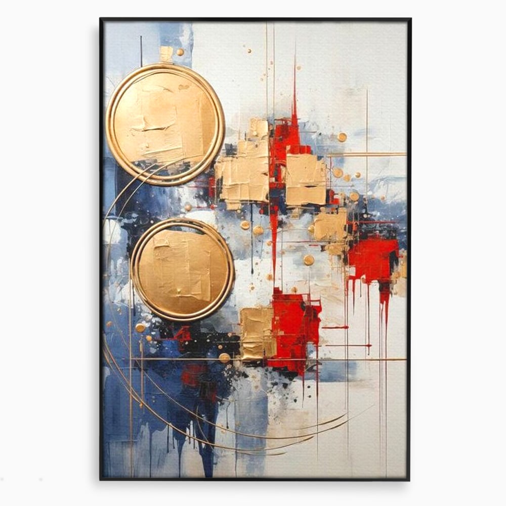 Tablou canvas cu tablou abstract cu cercuri aurii, in rama de aluminiu negru