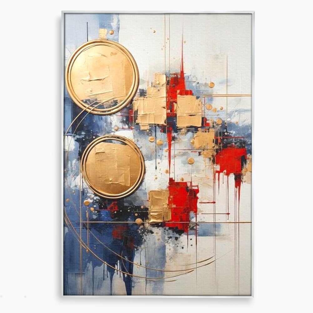 Tablou canvas cu tablou abstract cu cercuri aurii, in rama de aluminiu argintiu