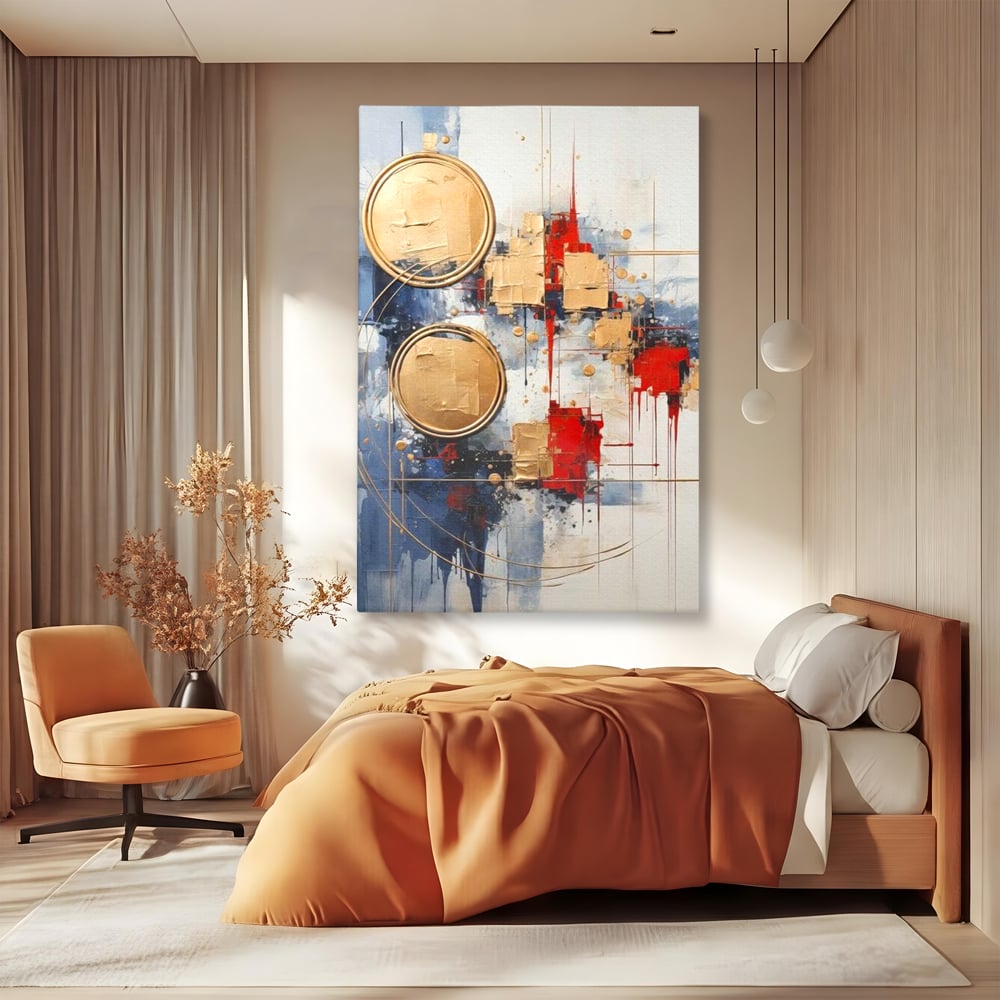 Tablou canvas cu tablou abstract cu cercuri aurii, fara rama, pe sasiu de lemn, pe perete intr-un dormitor