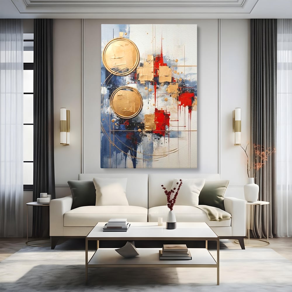 Tablou canvas cu tablou abstract cu cercuri aurii, fara rama, pe sasiu de lemn, pe perete intr-un living
