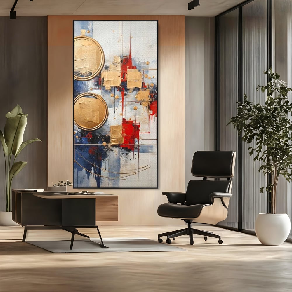 Tablou canvas cu tablou abstract cu cercuri aurii, in rama de aluminiu negru, pe perete intr-un birou