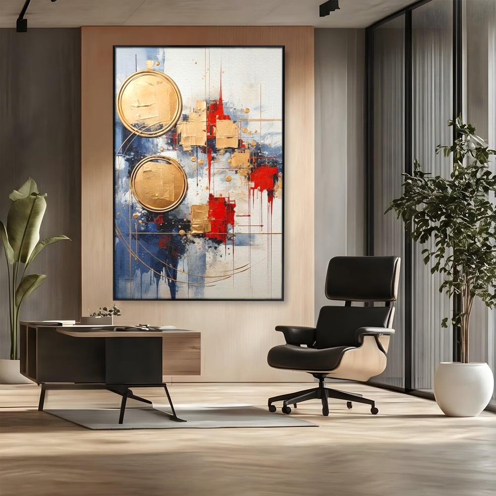 Tablou canvas cu tablou abstract cu cercuri aurii, in rama de aluminiu negru, pe perete intr-un birou