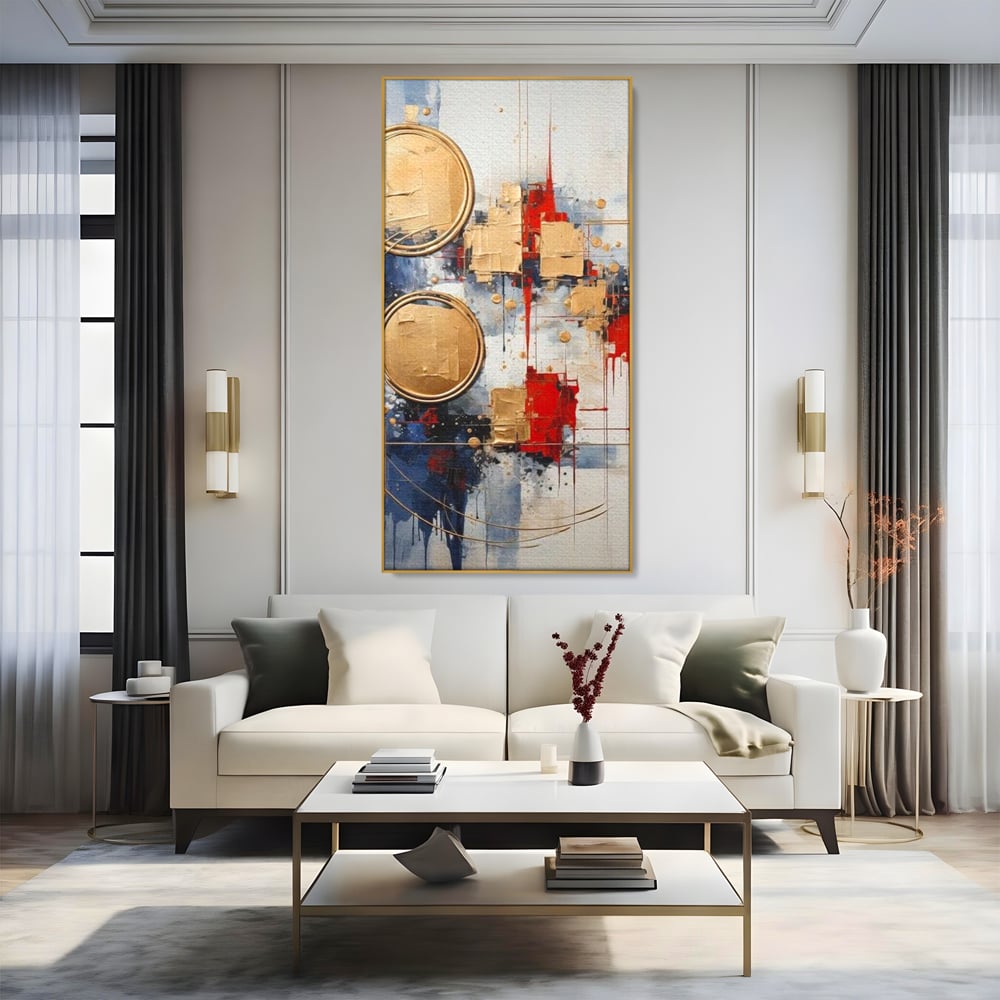 Tablou canvas cu tablou abstract cu cercuri aurii, in rama de aluminiu auriu, pe perete intr-un living