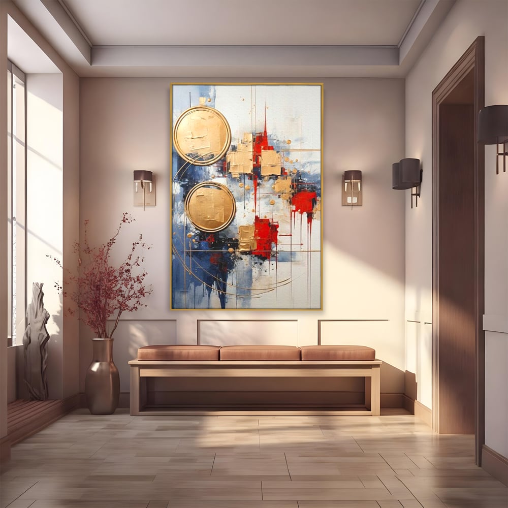 Tablou canvas cu tablou abstract cu cercuri aurii, in rama de aluminiu auriu