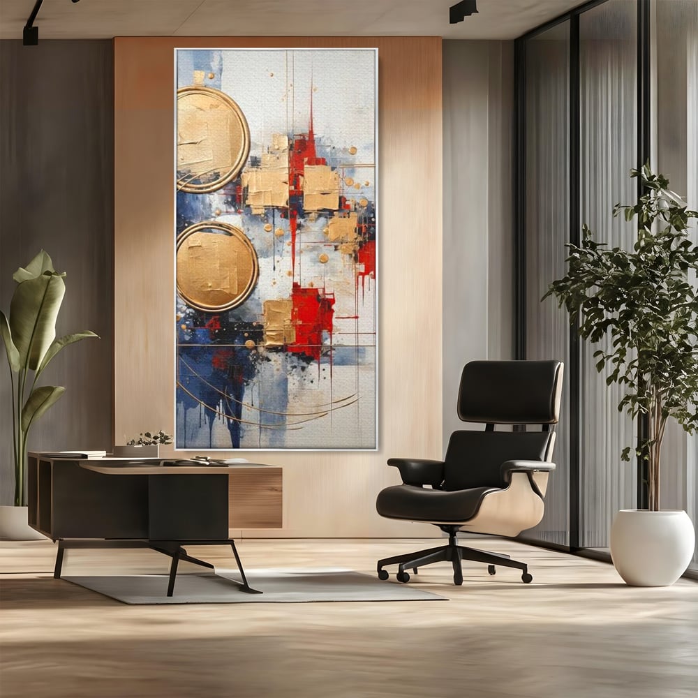 Tablou canvas cu tablou abstract cu cercuri aurii, in rama de aluminiu argintiu, pe perete intr-un birou