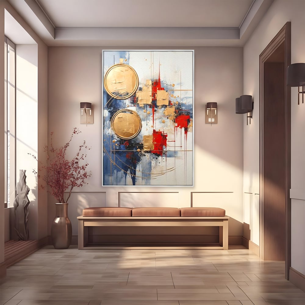 Tablou canvas cu tablou abstract cu cercuri aurii, in rama de aluminiu argintiu