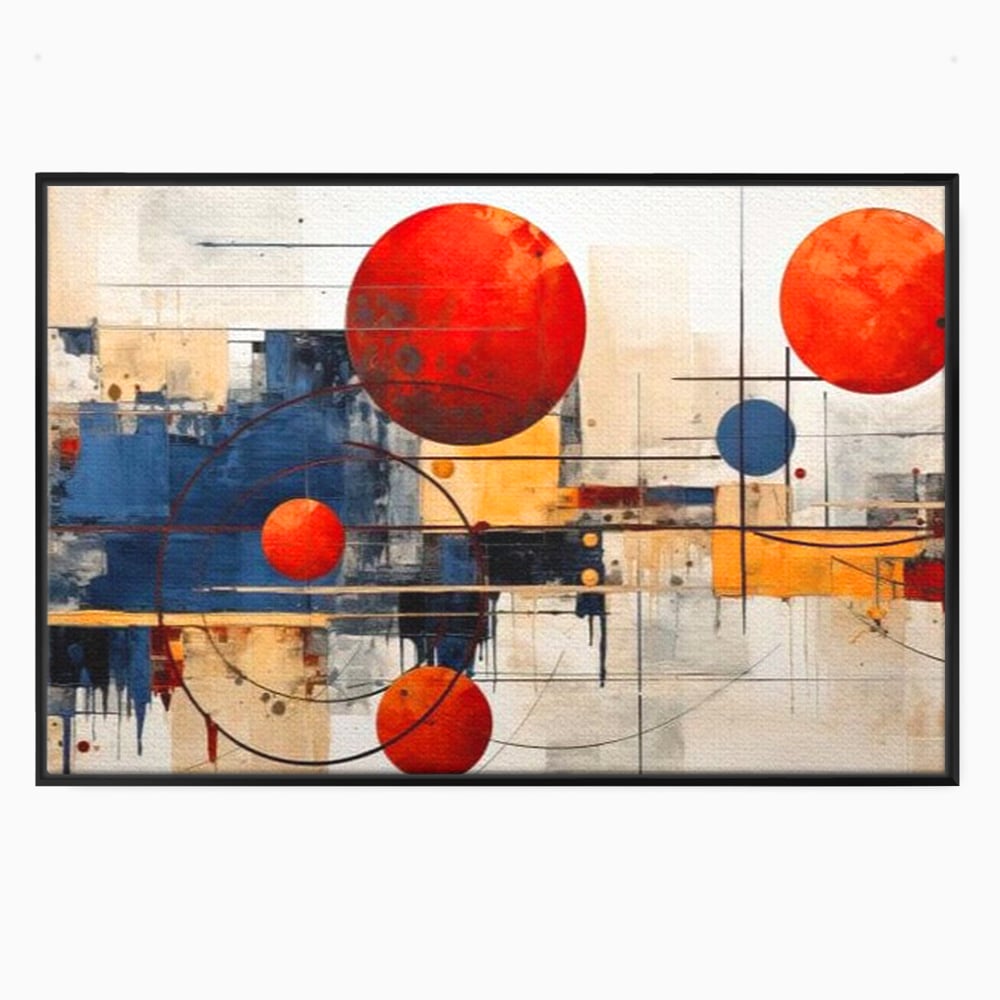Tablou canvas cu pictura abstracta cu sfere rosii si orbite, in rama de aluminiu negru