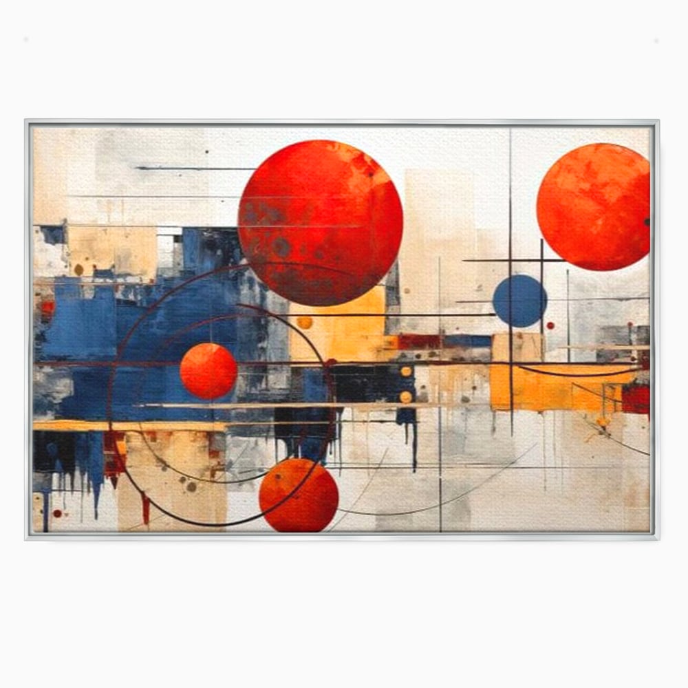Tablou canvas cu pictura abstracta cu sfere rosii si orbite, in rama de aluminiu argintiu